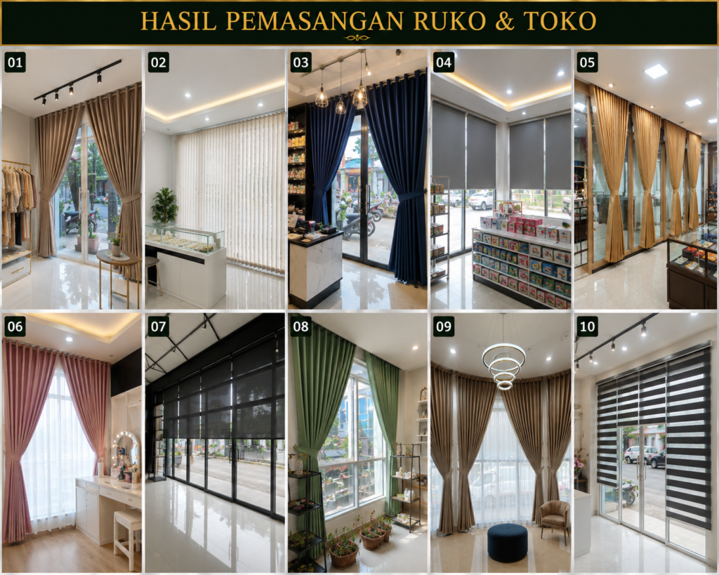 Hasil pemasangan gorden custom pada ruko dan toko modern oleh Permata Indah Gorden