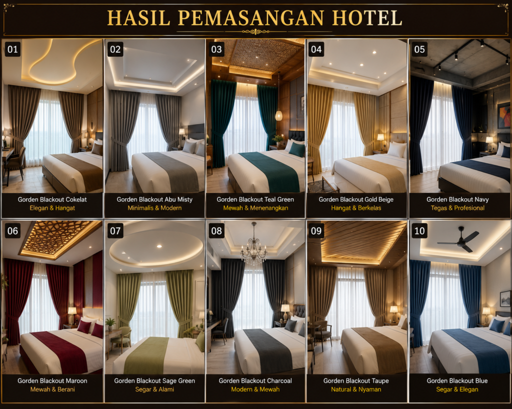 Hasil pemasangan gorden blackout custom untuk kamar hotel modern